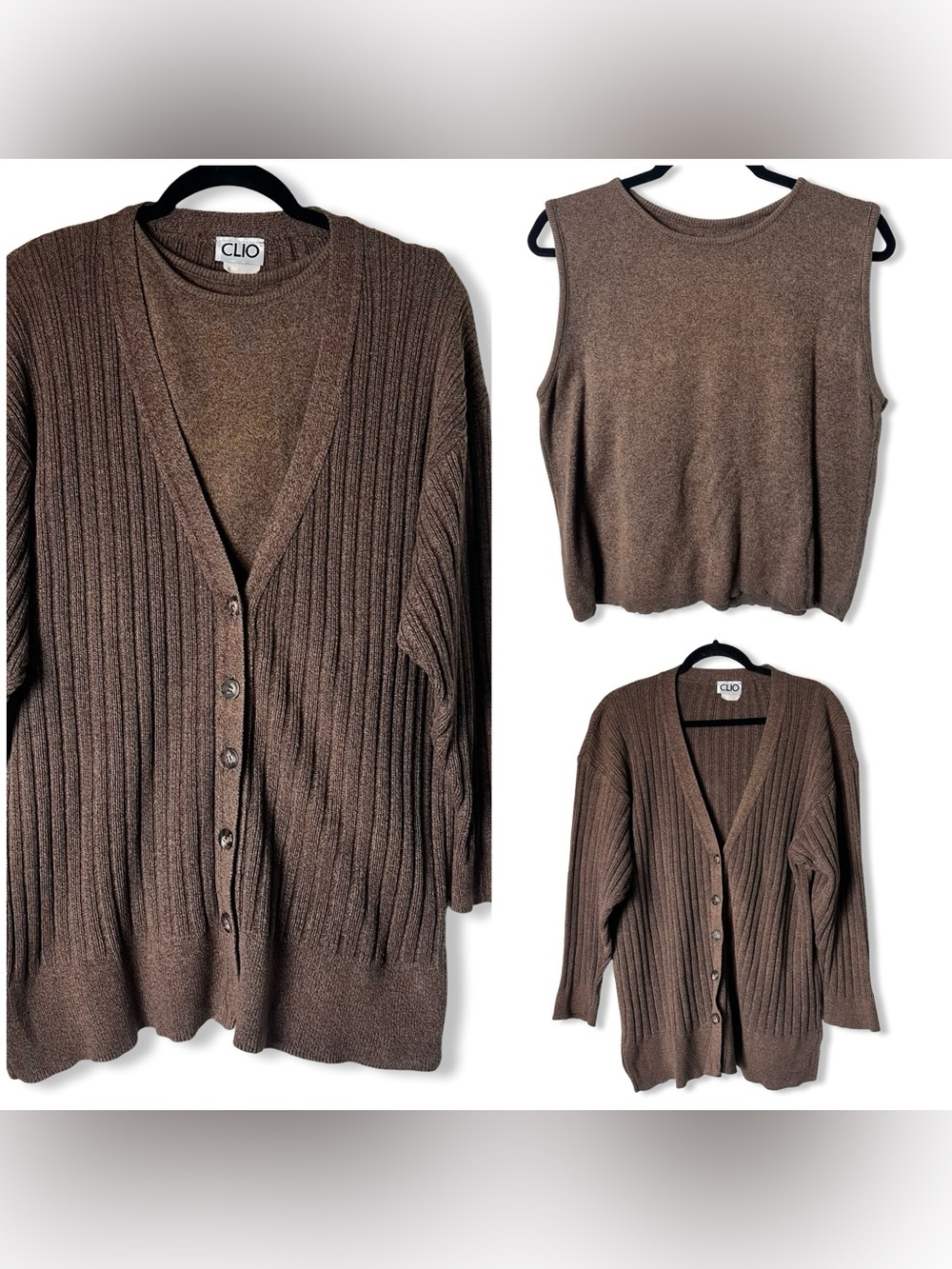 Clio Vintage 90s Ribbed Cardigan Tank Sweater Set Heather Brown 100% Cotton Sz M